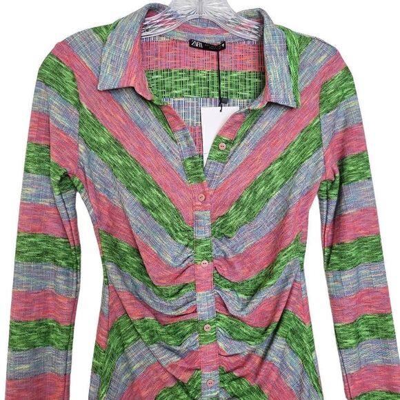 Zara Collared Shirt Dress With Ruching Multicolor Striped Size Small - Picture 5 of 11